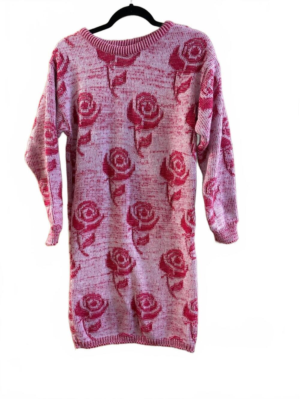 Vintage 80s pink rose print dolman sweater dress knee length size small